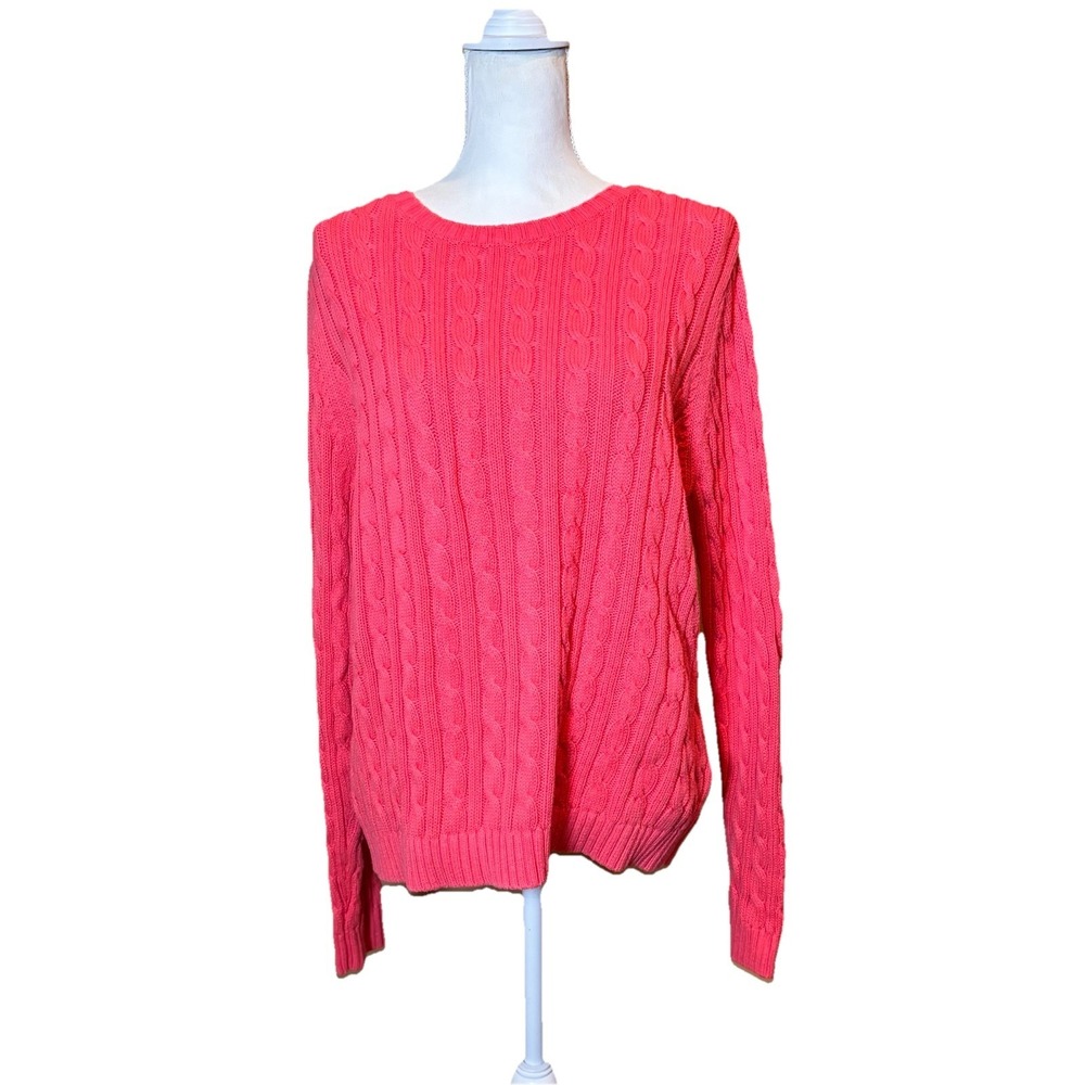 Lands' End Cable Knit Sweater Womens XL 18 Pink Coral Crewneck Button Shoulder